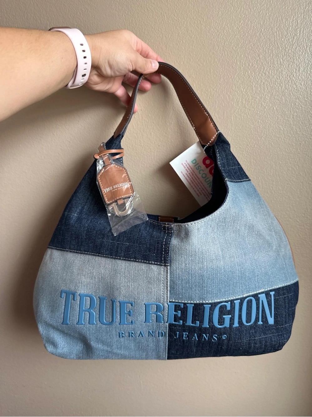 True Religion Two-Tone Blue Denim Patchwork Hobo with Tan Leather Strap